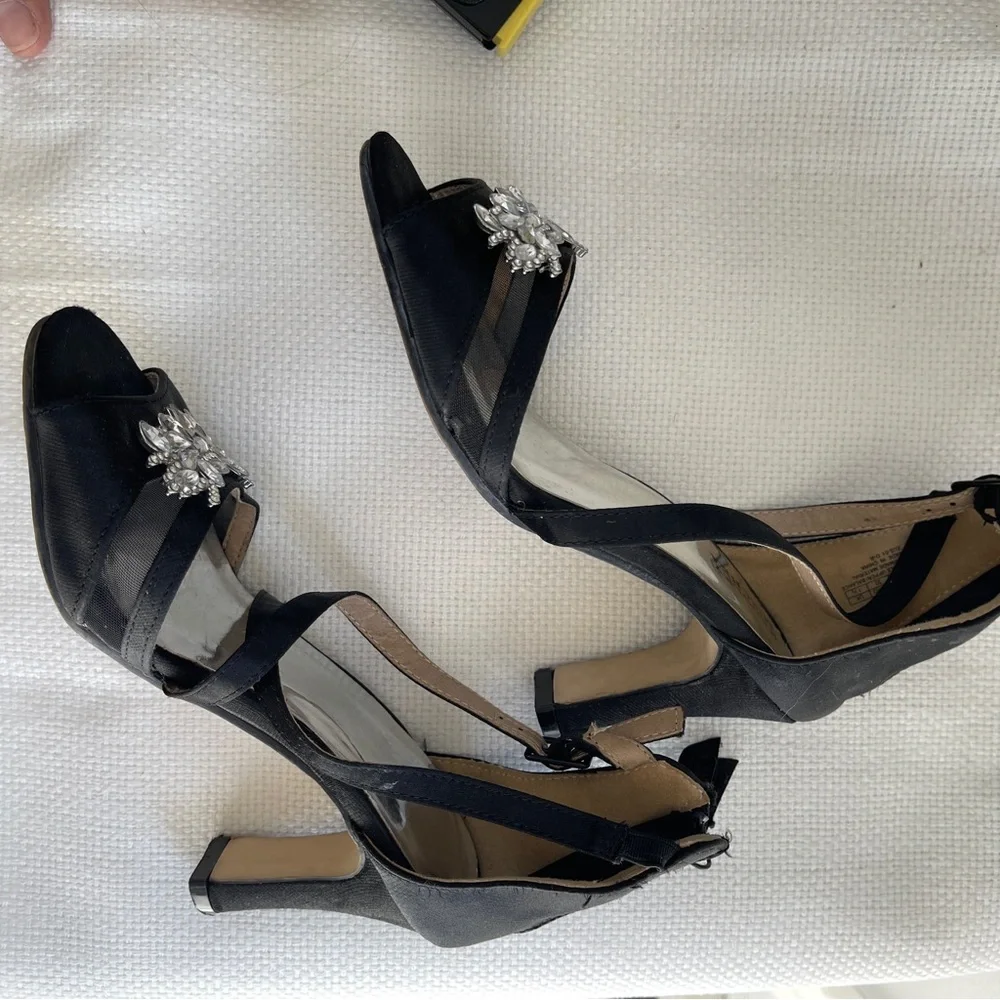 Badgley Mischka Black Strappy Heels with Crystal Accents - Picture 9 of 9